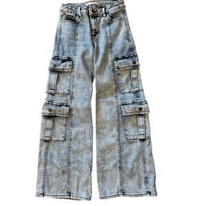 Girls Cargo Jeans Light Wash Denim Utility Pockets Size 8